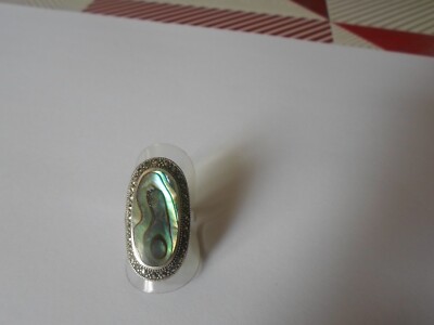 Bague En Argent Massif - Navette De Nacre Abalone, Contour De Marcassites - Taille 47 - Occasion