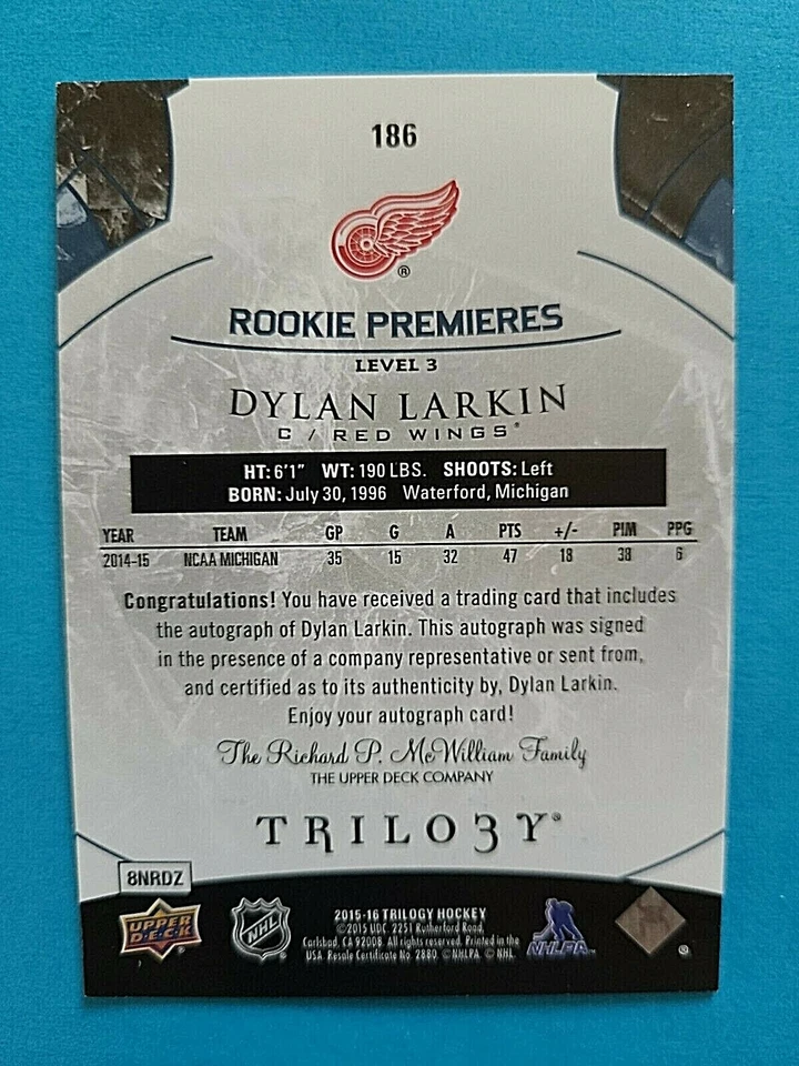 2015-16 Dylan Larkin Upper Deck Trilogy Rookie Autograph RC Auto Inscribed /71 - Image 2 of 2