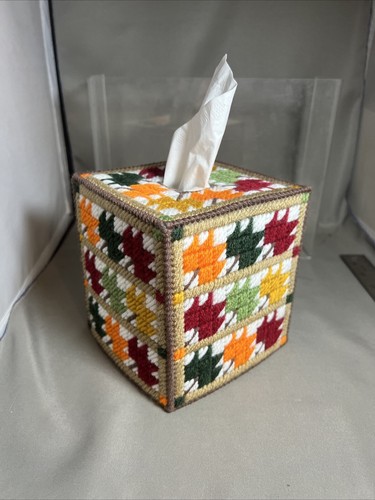 Handmade Happy Autumn Thanksgiving Fall Leaves Needlepoint Tissue Box Cover