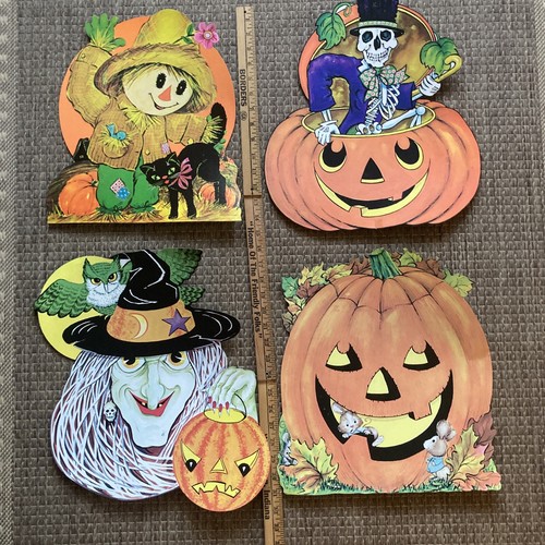 Lot 6 Vintage Halloween DieCut Out Decorations Witch Scarecrow Pumpkin Black Cat - Picture 11 of 12