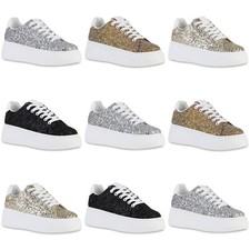 Damen Plateau Sneaker Keilabsatz Schnürer Glitzer Plateau-Schuhe 840510 Mode