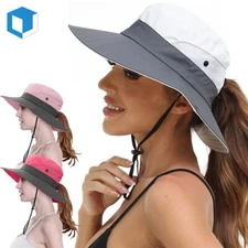 Women's Summer Bucket Hat Boonie Ponytail Wide Brim Sun UV Protection Travel Cap