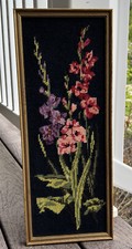 French Floral Wall Art Needlepoint Tapestry Framed 19-1/2 x 7-3/4 Inches