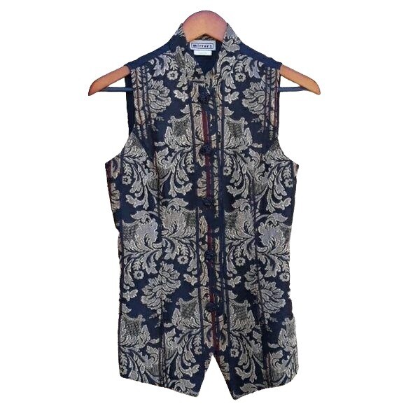 Vintage 80s Vest M Black Artsy Mandarin Jacquard Metallic Fleur De 