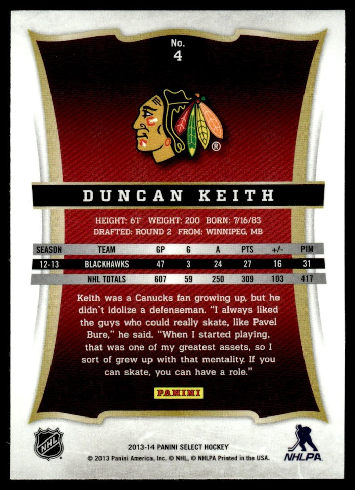2013-14 Panini Select Duncan Keith Chicago Blackhawks #4 - Image 2 of 2