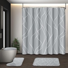 Grey Shower Curtain Set with Lid Cover and Non-Slip Rugs, White Striped Wavy ...