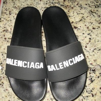 Balenciaga Men s Logo Slide Sandals Slip-On Casual Solid Black/Gray