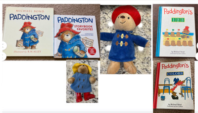 Paddington Storybook Faves & Paddington (4) HC & stuffed bear, & vintage bear
