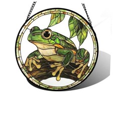 Stained Glass Window Hanging, Frog Green Leaf Sun 6.3x6.3 IN Green Gold