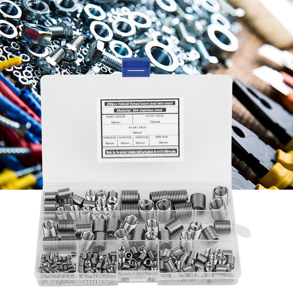 200pcs 304 Stainless Steel Thread Insert M3-M12 Inner Thread Insert Assorted Set