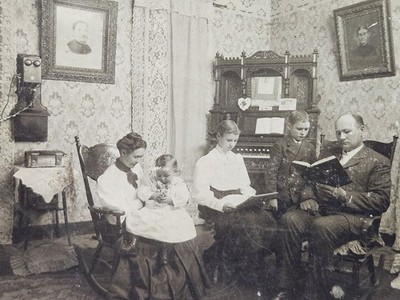 Antique Edwardian Family Interior Photograph Reading Scene Wall Telephone 8x10