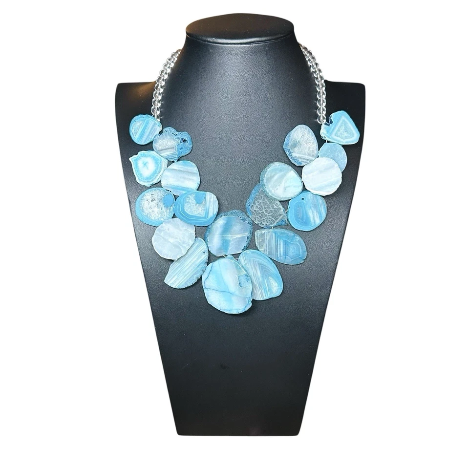 Enorme collar de plata de ley 925 con rodajas de cristal de cuarzo geoda ágata azul BARSA Foto 3 de 4