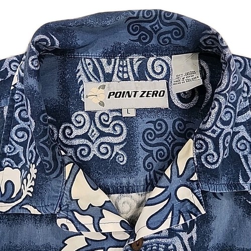 VTG Point Zero Tribal Hawaiian Floral Button Down Shirt Size L Blue - Picture 2 of 6