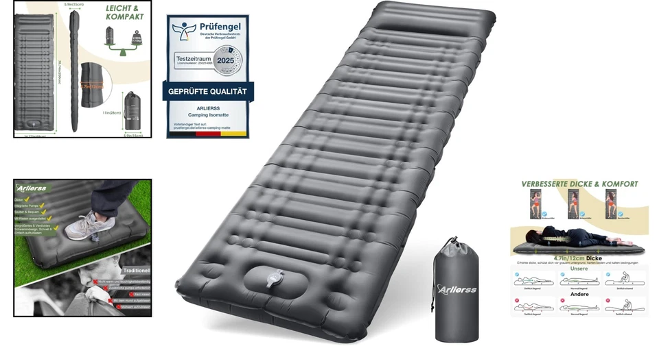 Ultraleichte Camping-Luftmatratze mit integrierter Pumpe und Kissen - 200x68 cm - Bild 2 von 4