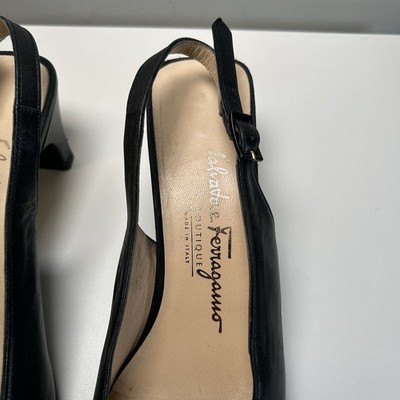 Salvatore Ferragamo Gancini Cap Toe Black Leather Sling Back