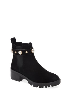 KARL LAGERFELD PARIS Womens Black Pearl And Strap Pola Suede Chelsea 7 M