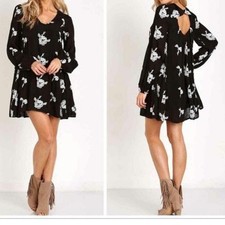 Free People Emma Print Black White Embroidered Long Sleeve Mini Dress Size S