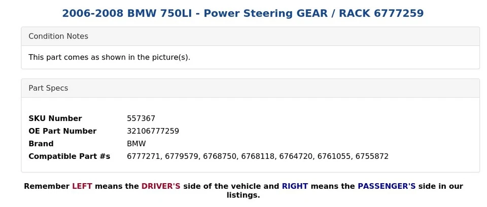 BMW 750LI 2006-2008 - Engranaje de dirección asistida / cremallera 6777259 Foto 4 de 4