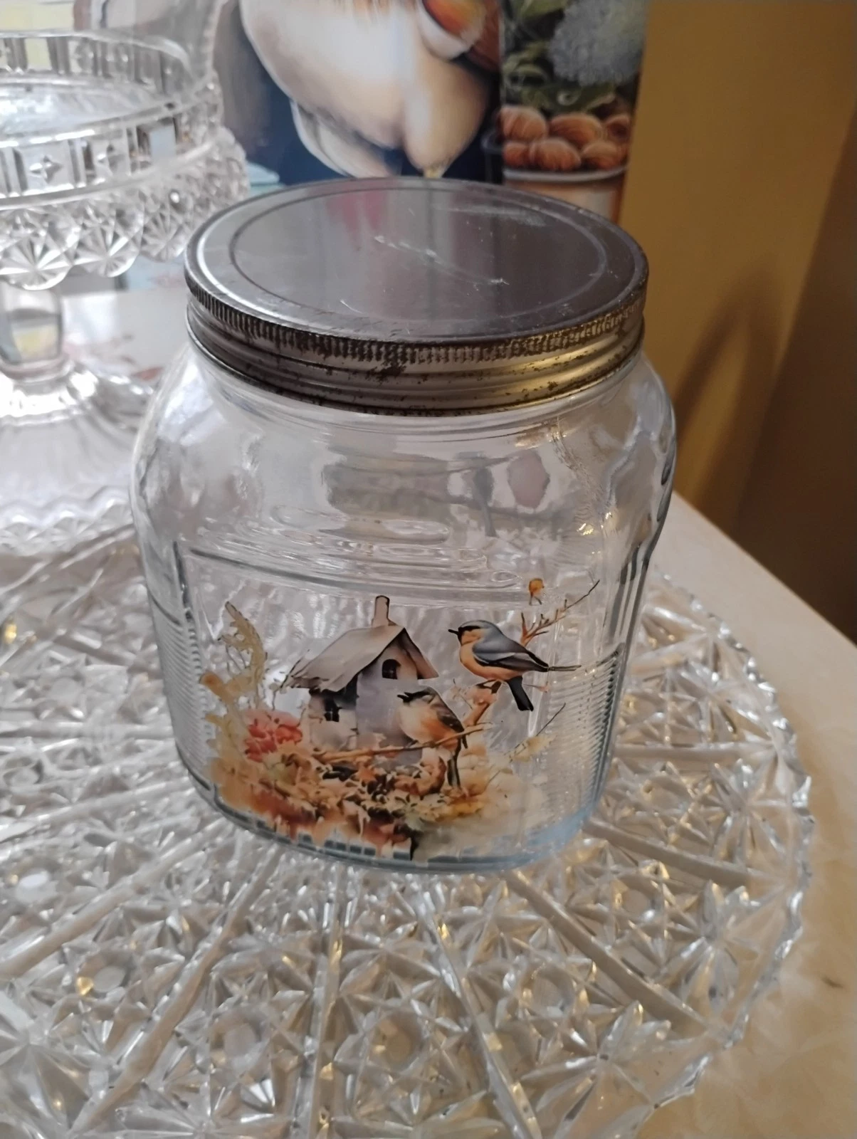 Glass Canister My Design W Birds Birdhouse Jar W/Lid 7" Tall