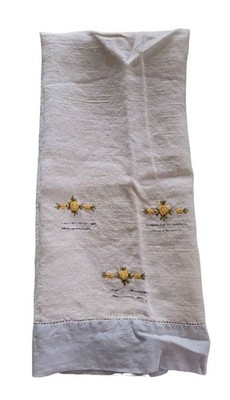 Vintage Hand Embroidered Linen Towel Yellow Rose Trim 16''x26'' Delicate Chic Deco