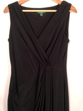 Lauren Ralph Lauren Dress Size 12 Black Faux Wrap Stretch Sleeveless Lined LBD