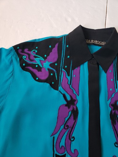 Vintage Western Silk Embroidered Blouse Shirt By Della Roufogali Size 8 - Picture 5 of 10
