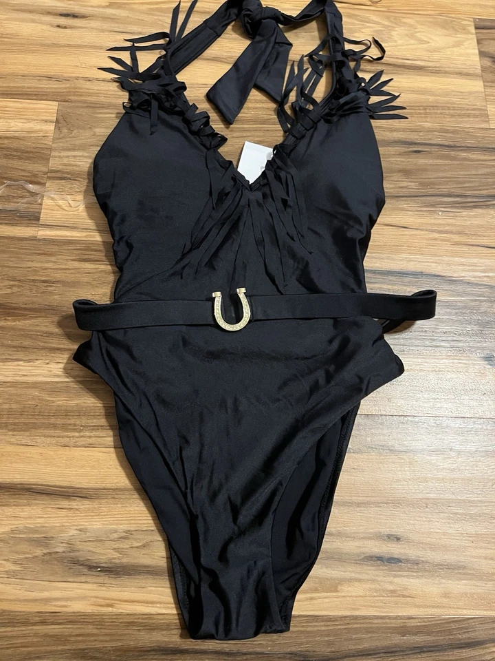 Traje de baño de una pieza Red Carter Halter cuello hundido flecos detalle - negro, M, $146 Foto 3 de 4