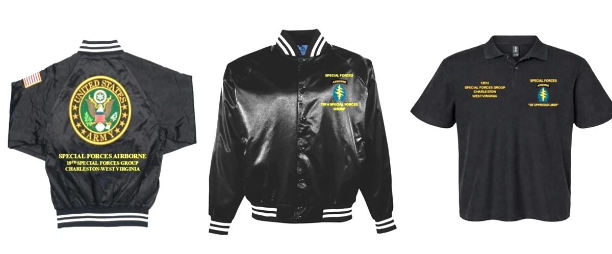 19TH SPECIAL FORCES GROUP 2-SIDED SATIN & POLO jackets with US Army star insignia and embroidered chest text.