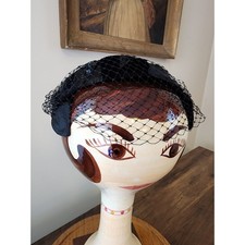 Vintage Black Velvet Birdcage Veil Fascinator Hat Sequin Bow Pillbox Headpiece