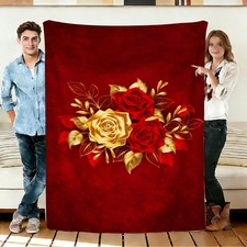Red and Gold Rose Flannel Blanket Soft Cozy Throws Napping Travel Use