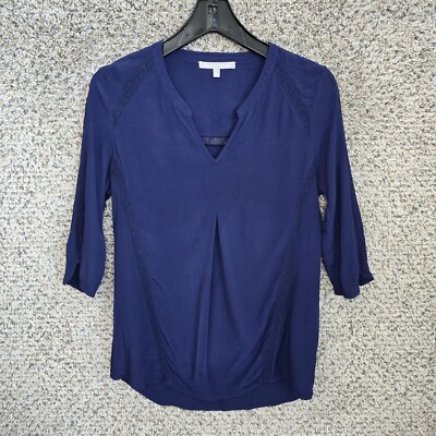 Daniel Rainn Top Womens Small Navy Blue V-Neck 3/4 Sleeve Semi Sheer Casual