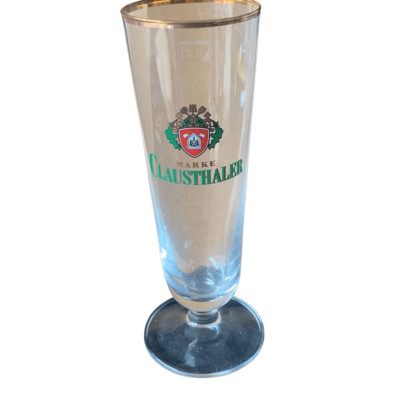 Pre Owned Marke Clausthaler German Beer Gold Rim Footed Pilsner Glass Classic