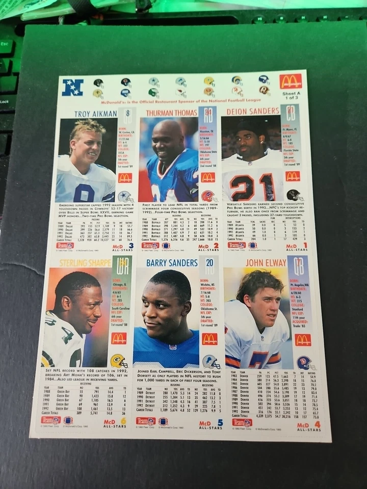 Juego completo de 3 hojas sin cortar de tarjetas de fútbol americano McDonalds NFL GameDay 1993 para coleccionistas Foto 2 de 4