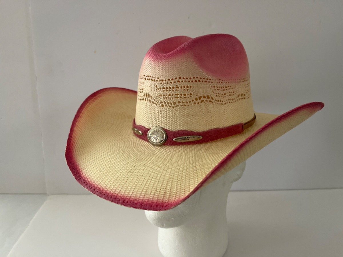 Hot Pink & White Kids Size Hard Straw Western Hat With 