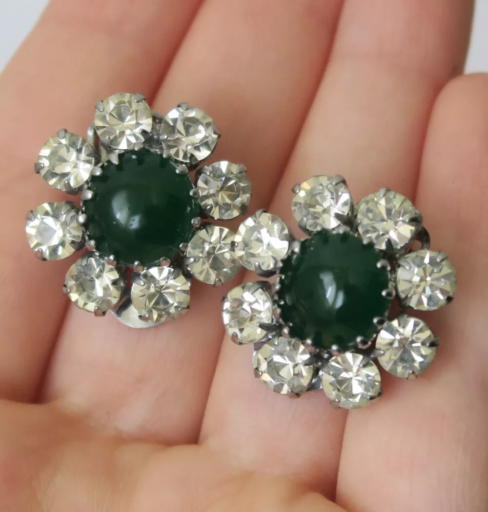 Vintage Austria Green Faux Emerald Rhinestone Earrings Costume