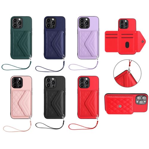 For iPhone 16 Pro Max 15 Pro PU Leather Case with Credit Card Holder Wrist Strap