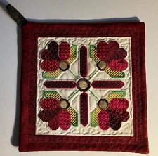 Handcrafted Quilted Pot Holders 8” x 8” Square Red Border Red Pink Flowers