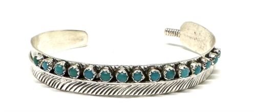 Native American Sterling silver Navajo Handmade Turquoise Feather Cuff Bracelet - Afbeelding 1 van 3