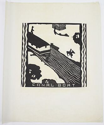 Primitive Folk Art Tile Cut on Paper ca1925 CANAL BOAT 11'' x 14'' overall