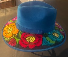 Blue Suede Embroidered Artisan Bohemian Cowboy Hat Blue M