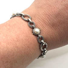Pulsera Barbara Bixby Talla 7.25 Dije Eslabón Blanco Perla Palanca Esterlina 925 18K