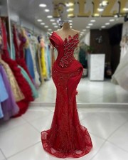 Glitter Beaded Sequins Party Gowns Red Long Mermaid Wedding Evening Dresses