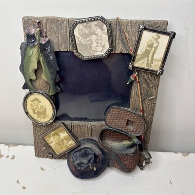 Vintage Rustic Fishing Themed Collage Frame 11x10 Fits 5x7 (back piece missing)