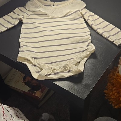 RZ Baby by Rachel Zoe 12M White/Purple Striped Ruffle Long Sleeve Bodysuit