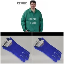 Welding Jacket, 9 oz FR 30" Green Cotton Size XL. Two Pairs Of Welding Gloves.