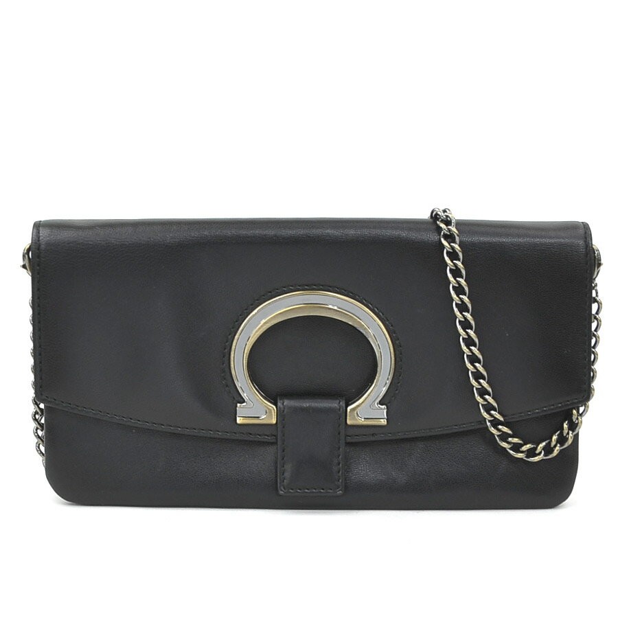 Salvatore Ferragamo Shoulder Bag Purse Gancini Leather Black Authentic