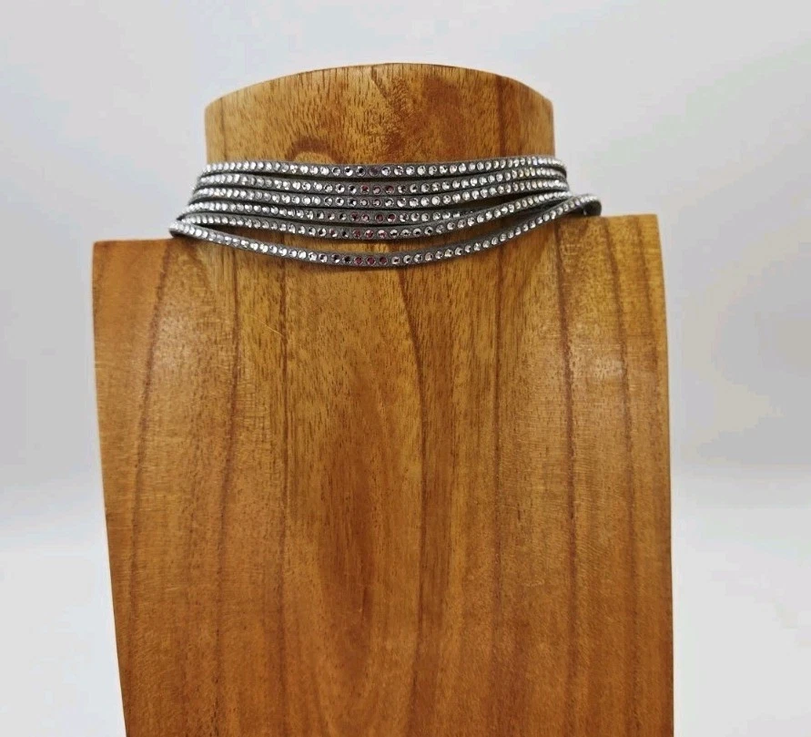 Gargantilla de cuero de cristal gris cinco filas ajustable 15 pulgadas Foto 3 de 4