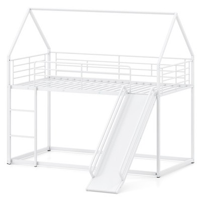 Twin Over Twin Low Bunk Bed House-shaped Metal Bunk Bed Frame w/Safety Guardrail