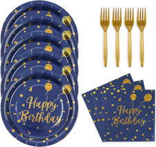 48PCS Happy Birthday Plates and Napkins Party Supplies, Blue and Gold Disposable