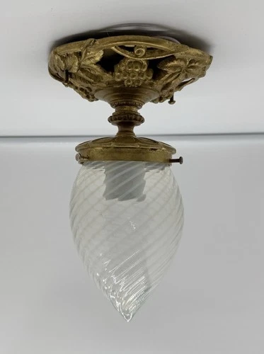 Antique French Flush Mount Ceiling Lamp Light Gilded Brass Optic Glass Shade